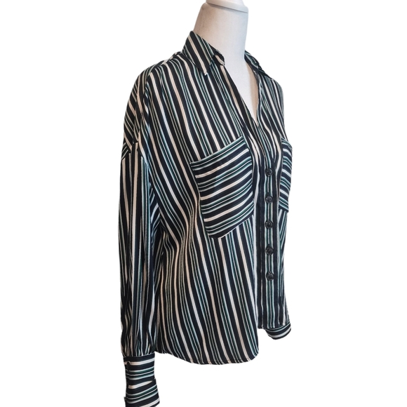 EUC Free People Blue Green Stripe Oversized Mad About You Button Down Shirt - Picture 6 of 15